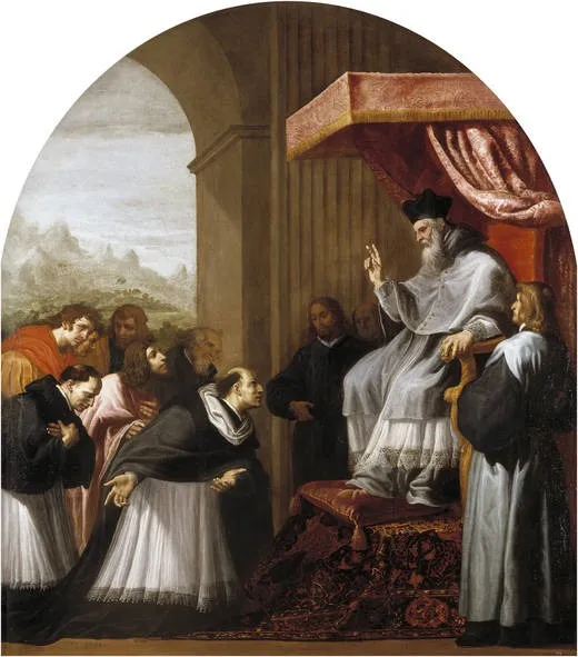 Saint Bruno and his Six Companions Visit Saint Hugo, by Vincenzo Carducci, oil, 1626