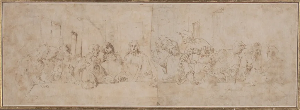 a) The Last Supper; b) Putti, by Vincenzo Tamagni, ink, 1515