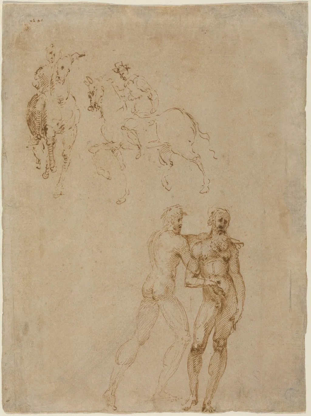 Two Horsemen and Two Male Nudes, by Vincenzo Tamagni, ink, 1511