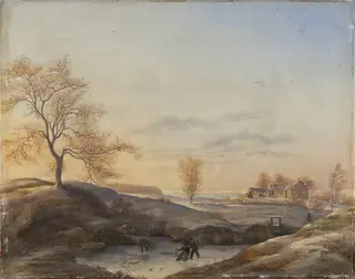 Vinterlandskab fra Frederiksdal med skøjteløbere, by Johan Stroe
