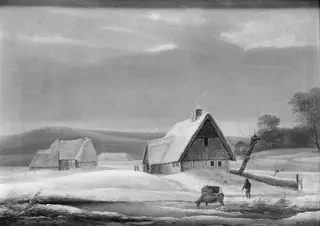 Vinterlandskab med to gårde ved en tilfrossen å, by F.M.E. Fabritius de Tengnagel