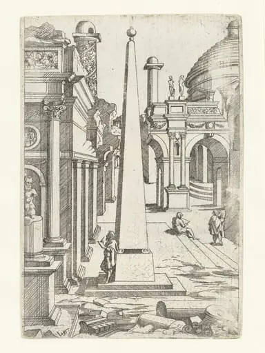 A draftsman leaning against an obelisk sketching ruins, by Virgil Solis