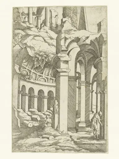Ruins with a seated draftsman, by Virgil Solis