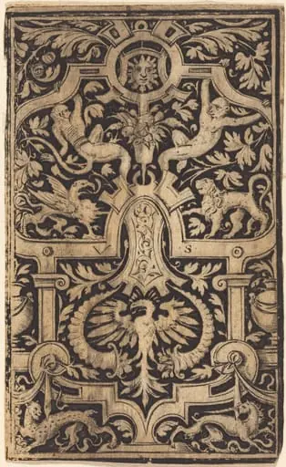 Strapwork and Foliage Ornament on Dark Ground with Monkeys and other Animals, by Virgil Solis