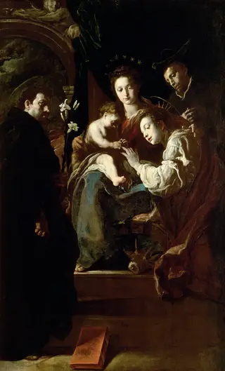 Virgin and Child with Mystical Betrothal of St. Catherine with Saints Dominic and Peter, by Domenico Fetti