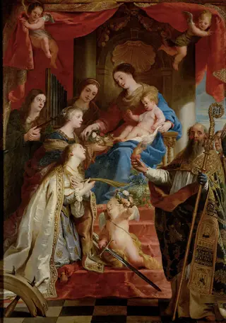 Virgin with child and saints Maria Magdalen, Cecilia, Dorothea, Catharina and Augustine, by Gaspar de Crayer