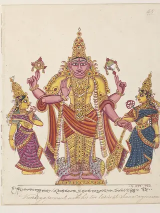 Vishnu as Varadarajaswami with his two 'shaktis', Shri Devi and Bhumi Devi.