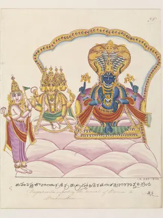 Vishnu seated in his heaven, Vaikuntha, upon the coils of the serpent of eternity, Ananta.