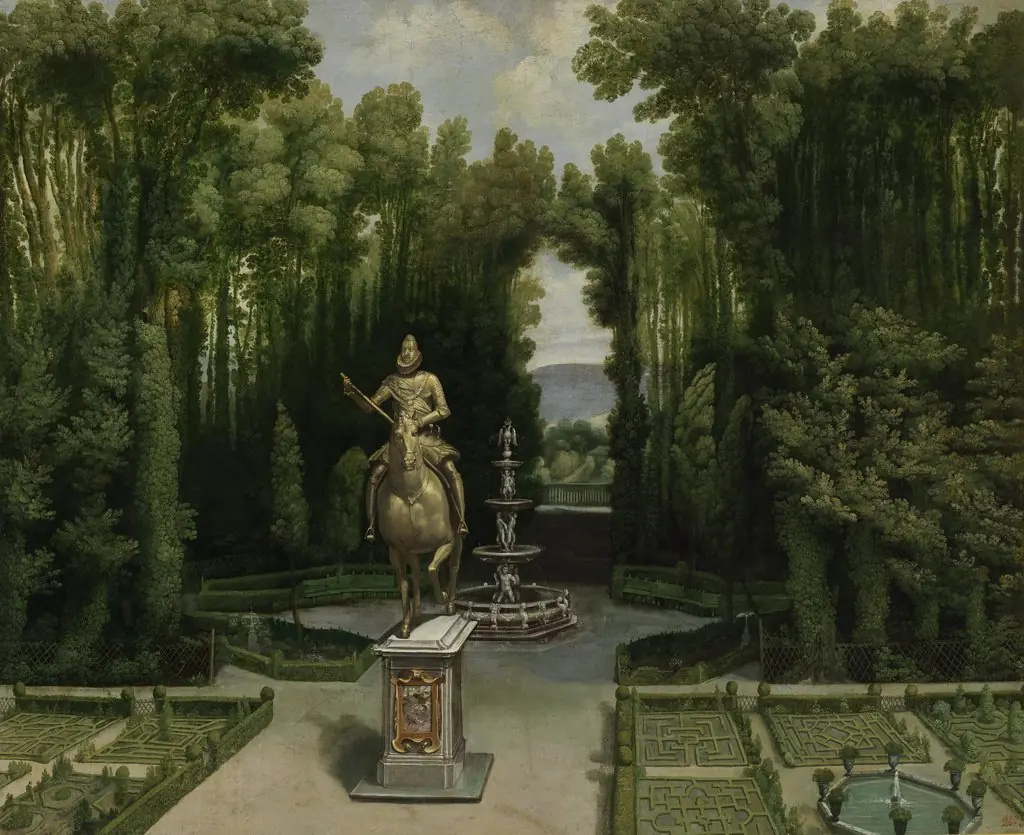 Vista de los jardines de la Casa de Campo con la estatua de Felipe III