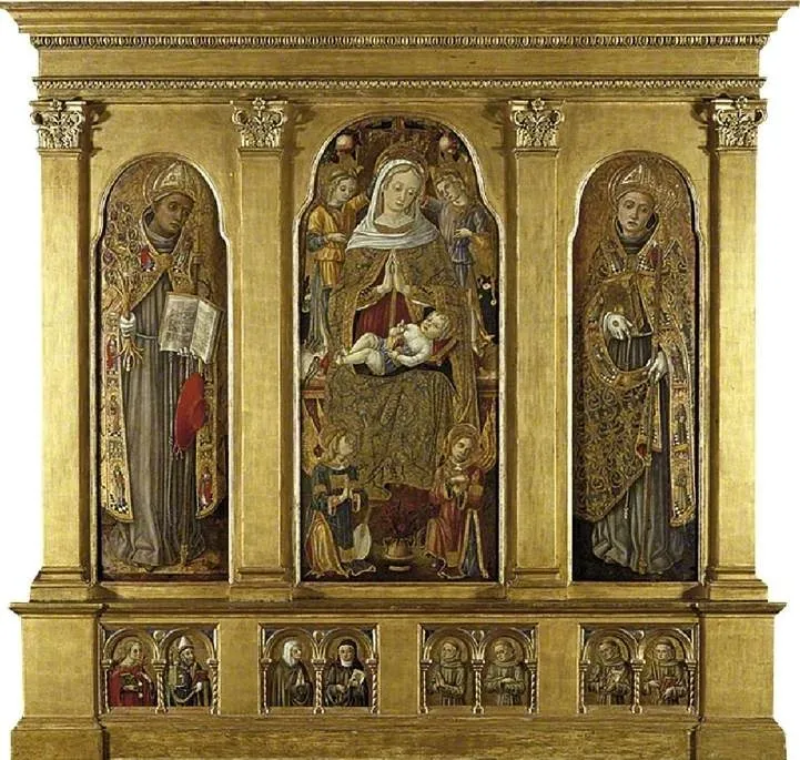 Virgin and Child Enthroned: Saint Bonaventura (left); Saint Louis of Toulouse (right) Saint Agatha and Saint Augustine, an Unidentified Female Franciscan Saint and Saint Clare of Assisi, Four Male Fra, by Vittore Crivelli, unspecified, 1495