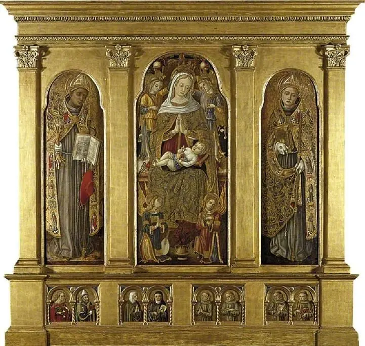 Virgin and Child enthroned; St Bonaventura (left); St Louis of Toulouse (right). below, four pairs of figures of Saints: St Agatha and St Augustine; an unidentified female Franciscan Saint and St Clar, by Vittore Crivelli, 1495
