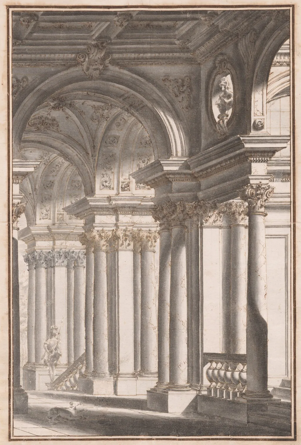 Architectural Capriccio with a Soldier and Dog, by Vittorio Maria Bigari, ink, 1701