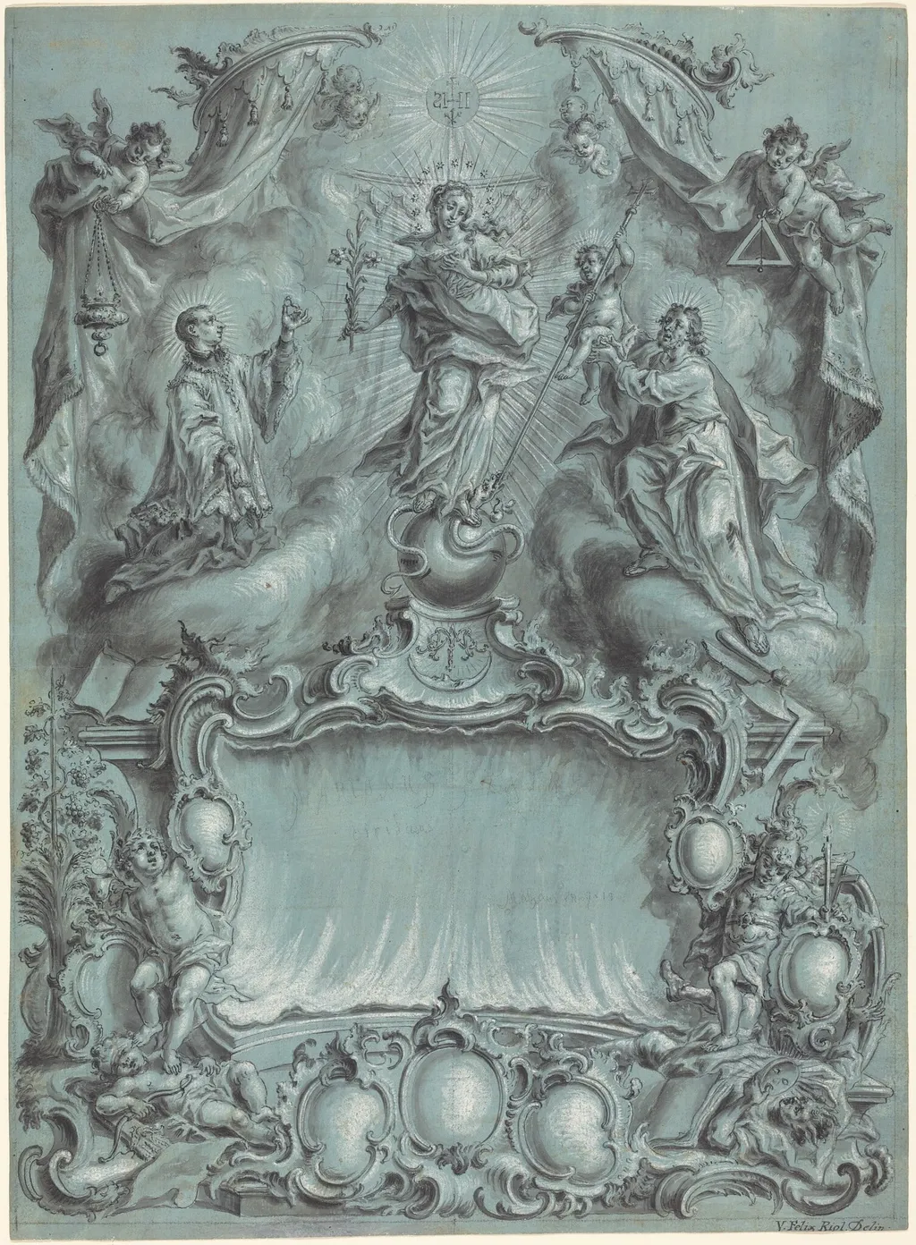 An Elaborate Rococo Setting with the Virgin and Child and Saints Defeating Evil, Heresy, and Profane Love, by Vitus Felix Rigl, ink, 1764