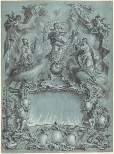 An Elaborate Rococo Setting with the Virgin and Child and Saints Defeating Evil, Heresy, and Profane Love, by Vitus Felix Rigl