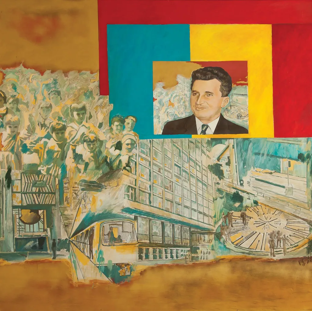 Tablou „Omagiu”, semnat Ion Bitzan și Vladimir Setran.Tabloul prezintă portretul lui Nicolae Ceaușescu încadrat de tricolor în partea dreaptă sus. Restul tabloului este completat de realizările epocii socialiste. Comandat de Comitetul Municipal de Partid 1981., by Vladimir Setran Ion Bitzan