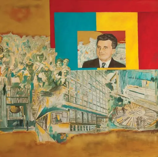 Tablou „Omagiu”, semnat Ion Bitzan și Vladimir Setran.Tabloul prezintă portretul lui Nicolae Ceaușescu încadrat de tricolor în partea dreaptă sus. Restul tabloului este completat de realizările epocii socialiste. Comandat de Comitetul Municipal de Partid 1981., by Vladimir Setran Ion Bitzan