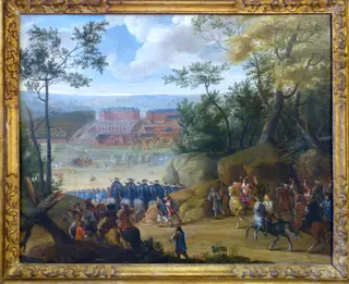 Vue du château de Versailles, avec Louis XIV accompagné d'un groupe de mousquetaires à cheval