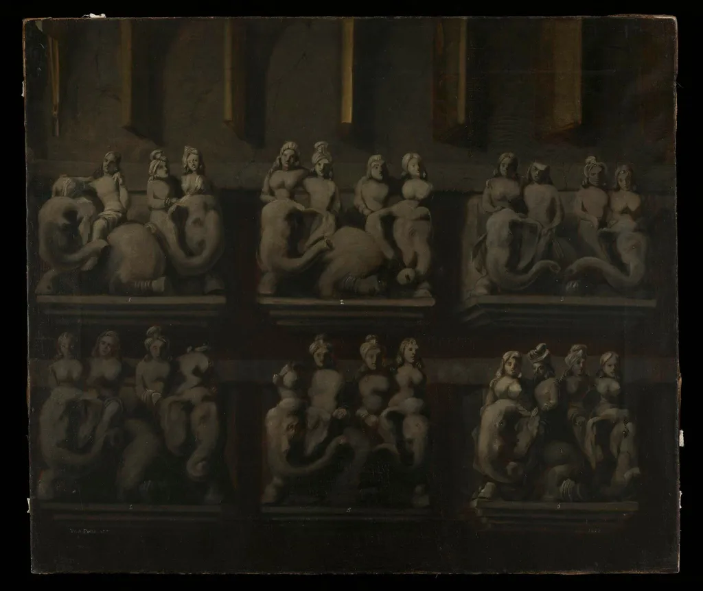 Hindu Stone Sculptures, by W. A. Fulton, oil, 1850