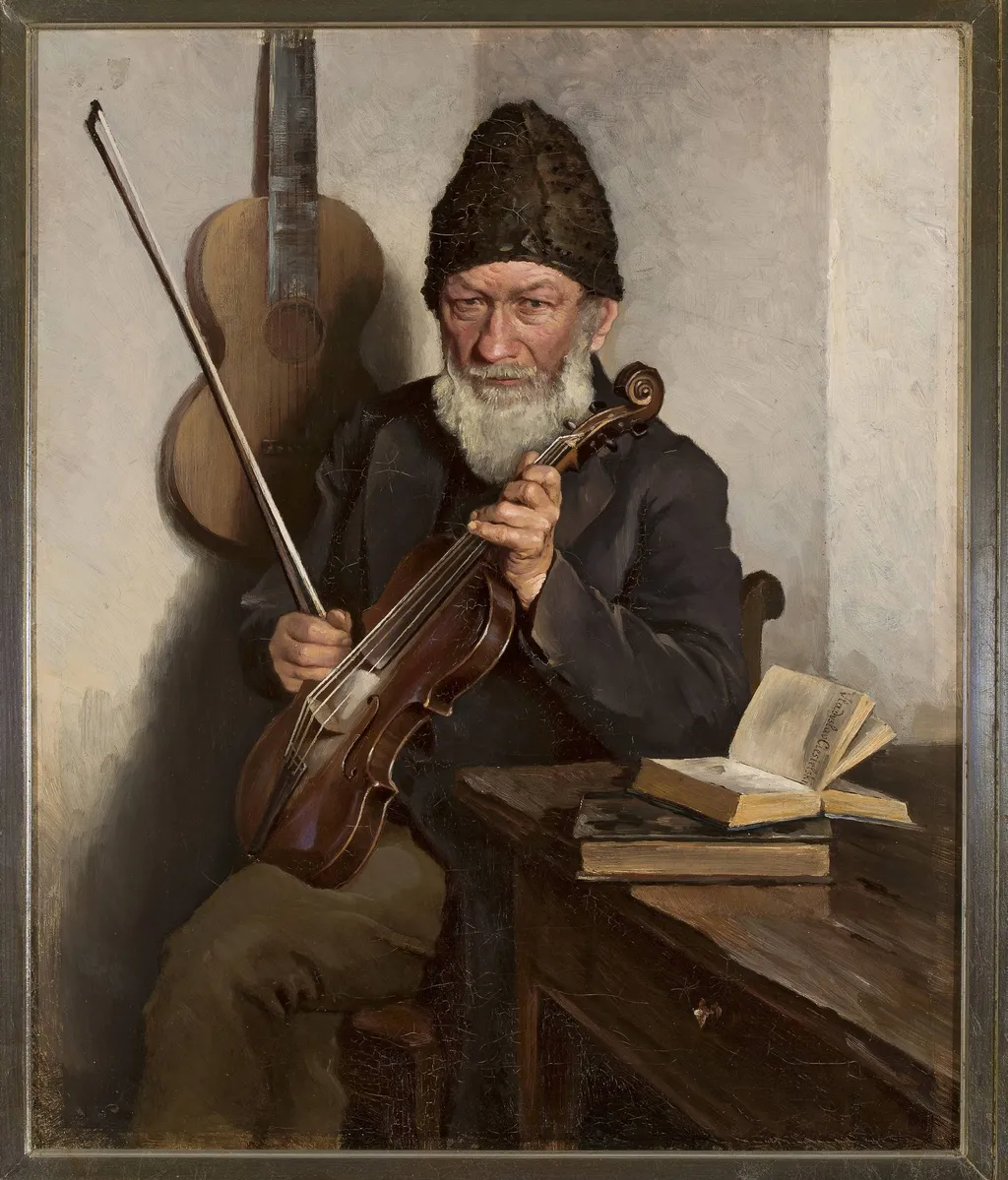 Old man with a fiddle, by Władysław Ciesielski, oil, 1896