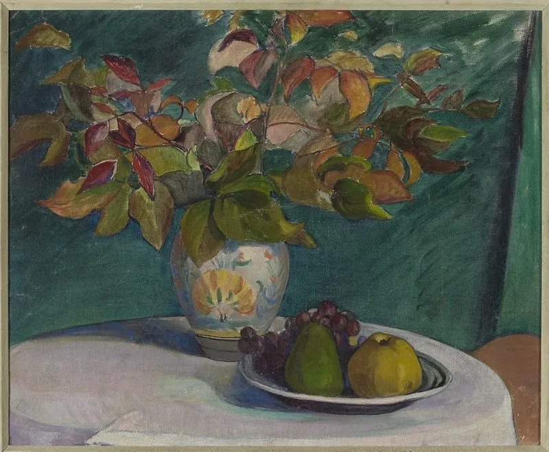 Still life with red leaves, by Władysław Ślewiński, oil, 1900