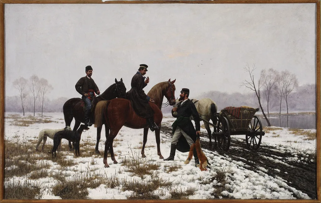 Whippers-in resale a hunted fox to dealers, by Włodzimierz Łoś, oil
