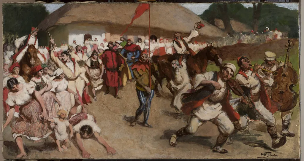 Folk scene – king among peasants, by Włodzimierz Tetmajer, oil, 1900