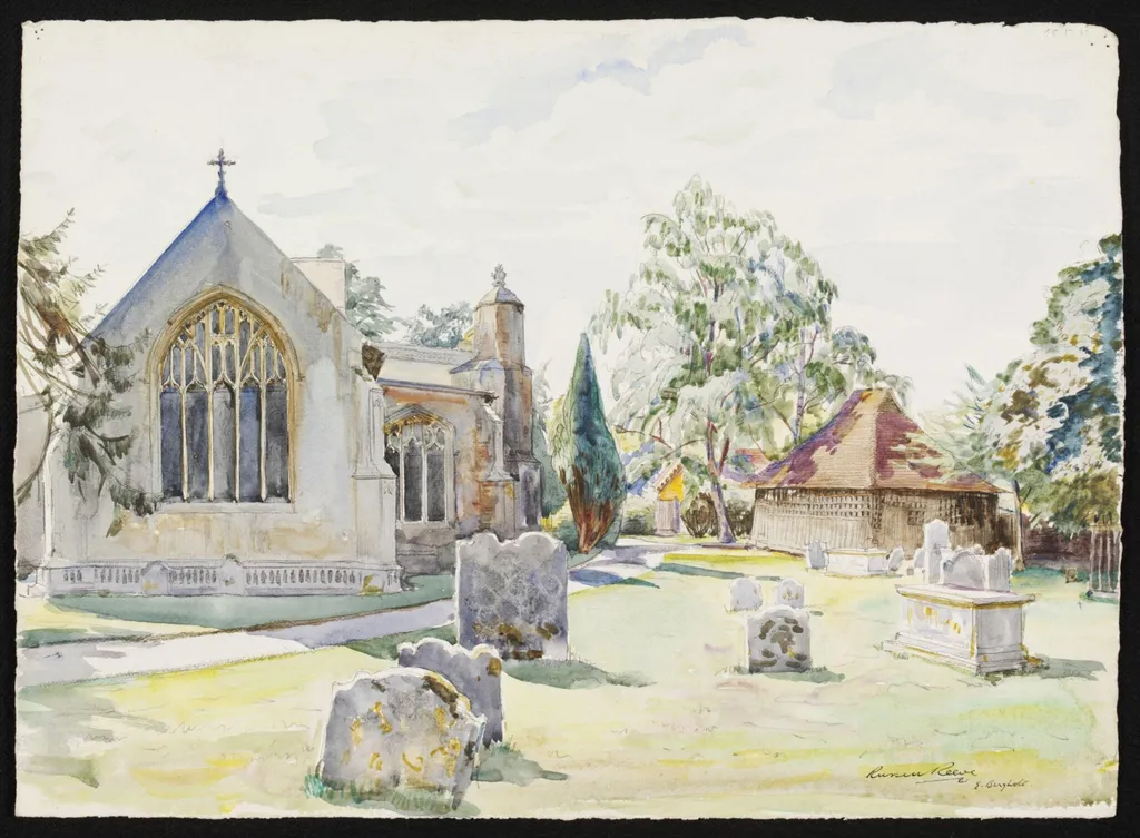 East Bergholt Church and Bell Cage, by W. Russell Reeve, watercolor, 1941