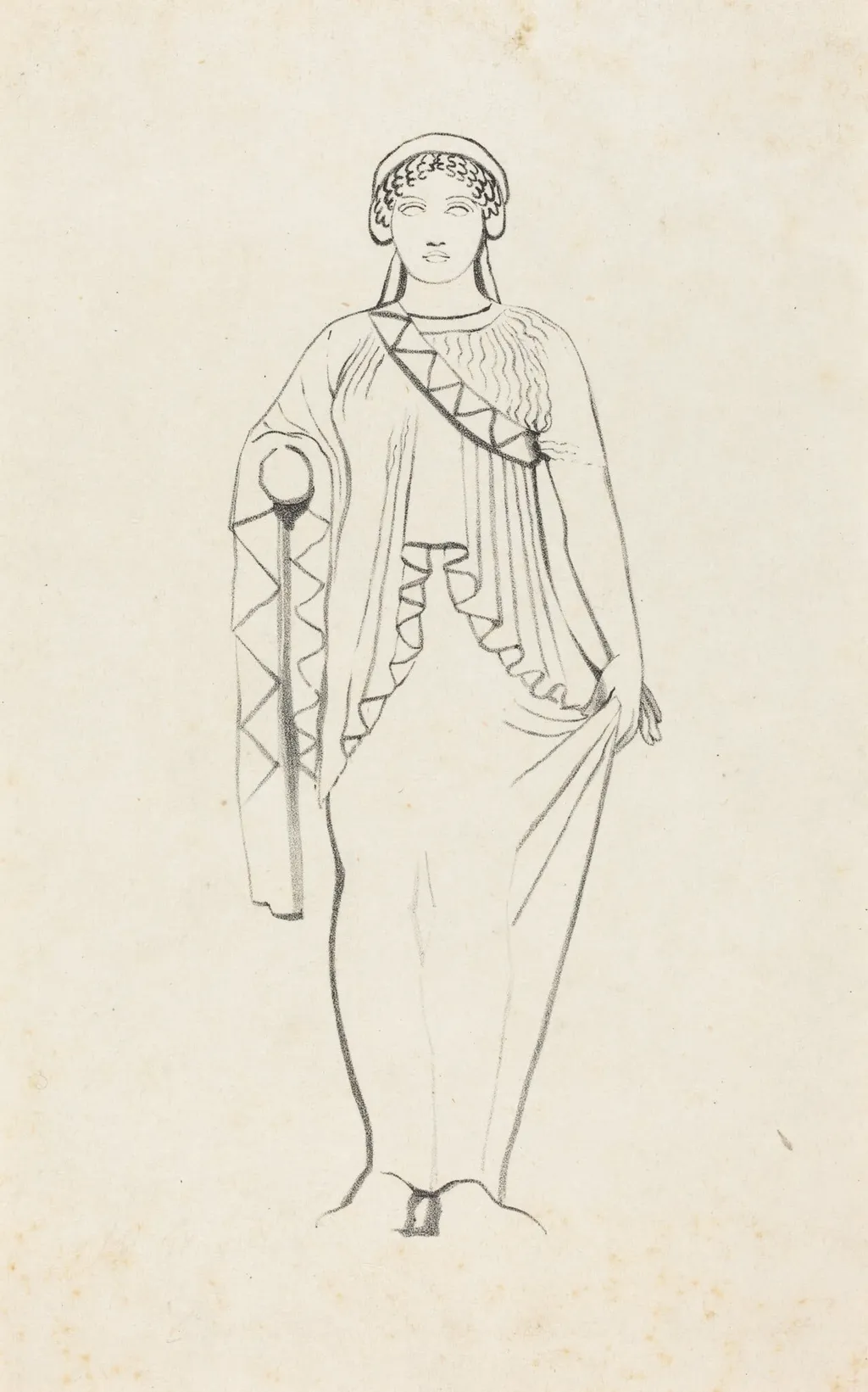 Statue on the Pediment over the West Front ofa Temple at Egina, by W. Walton, ink, 1829