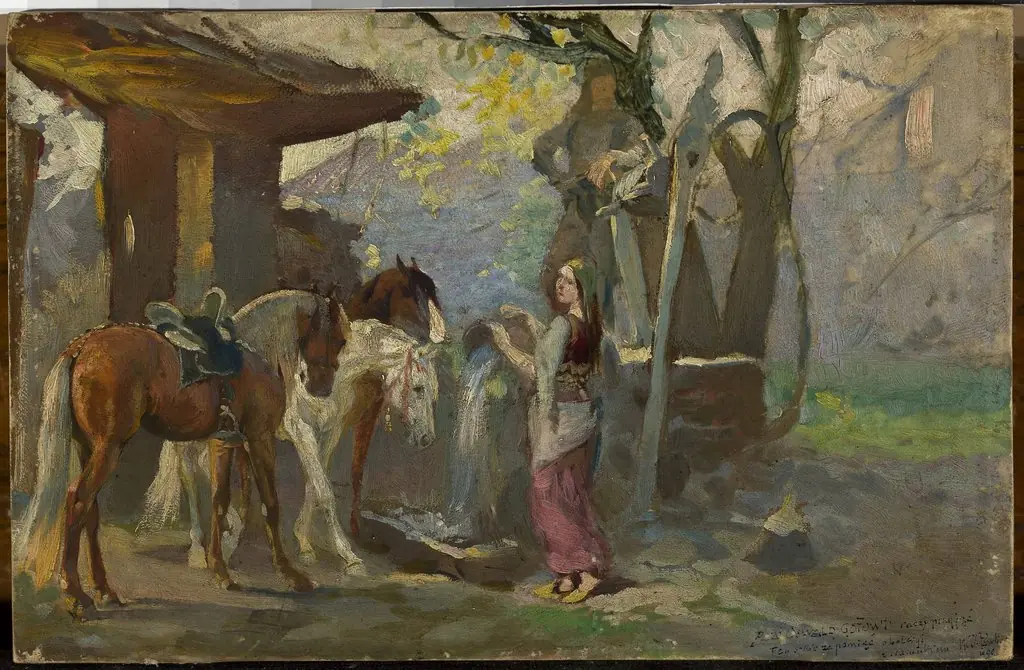 Horses at the waterhole, sketch, by Wacław Pawliszak