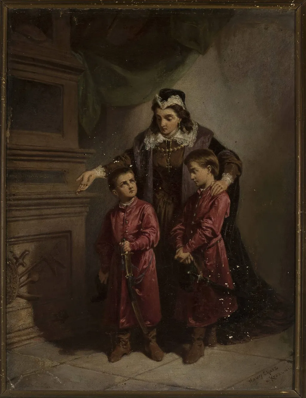 Teofila Sobieska with her sons at the grave of Żółkiewski, by Walery Eljasz Radzikowski, oil, 1866