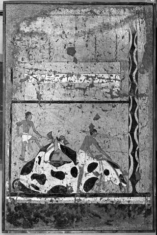 Wall painting: below, a sacrifice; above, a coffin
