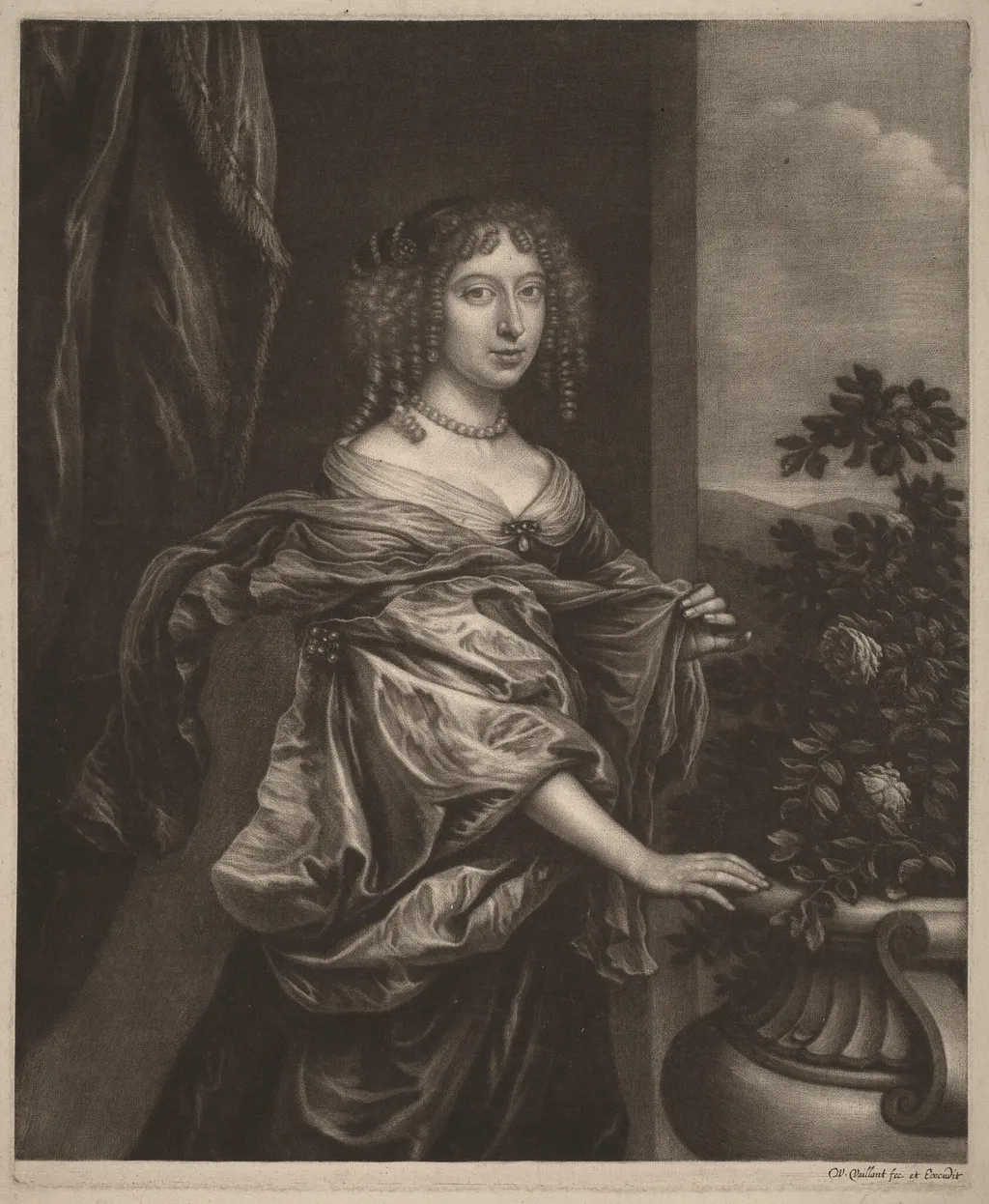 Portrait of a Lady beside a Rose Bush, by Wallerant Vaillant, ink, 1655