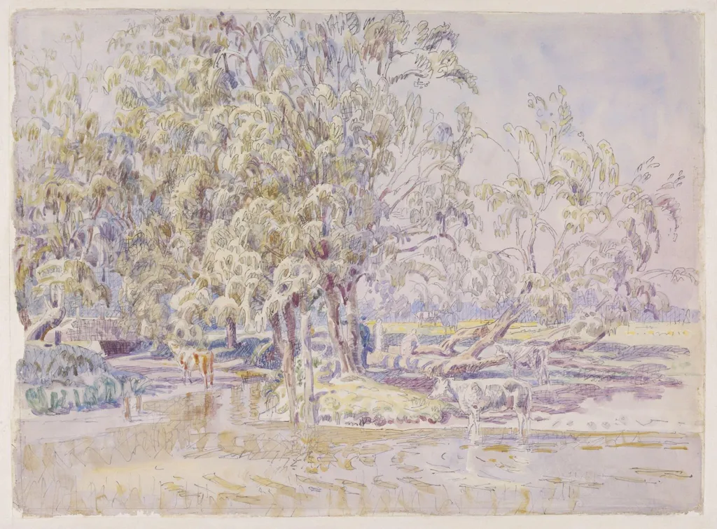 Cattle on the Stour, Dedham, by Walter Bayes, watercolor, 1940