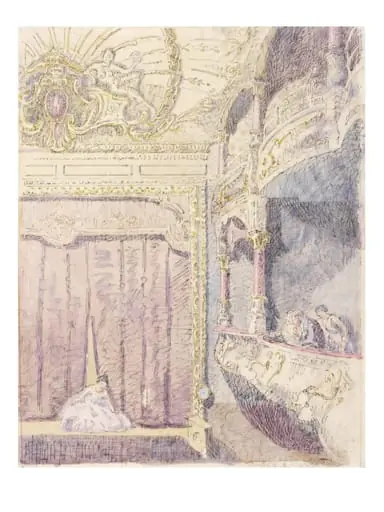 Interior, showing a box and the stage, of the Old Grand Theatre, now the Gaumont Hippodrome, Colchester, by Walter Bayes