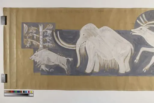 Eglin, Walter - Malerei, Entwurfszeichnung Wandbild Realschule Hofmatt, Gelterkinden (Prähistorische Jagd), by Walter Eglin