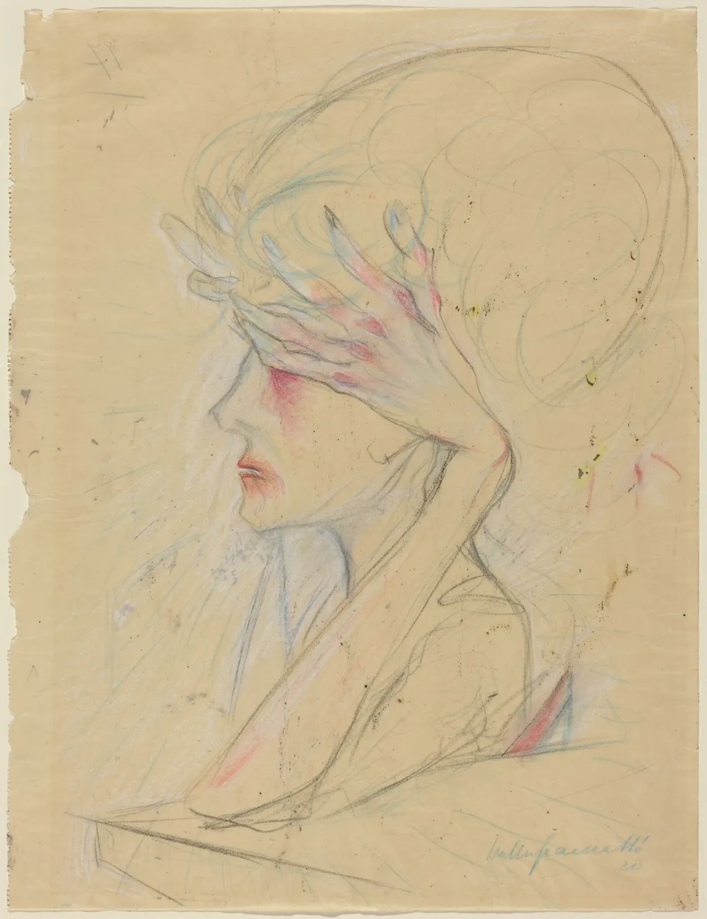 An Elegant Woman with Her Hands Covering Her Eyes, by Walter Gramatté, chalk, 1920
