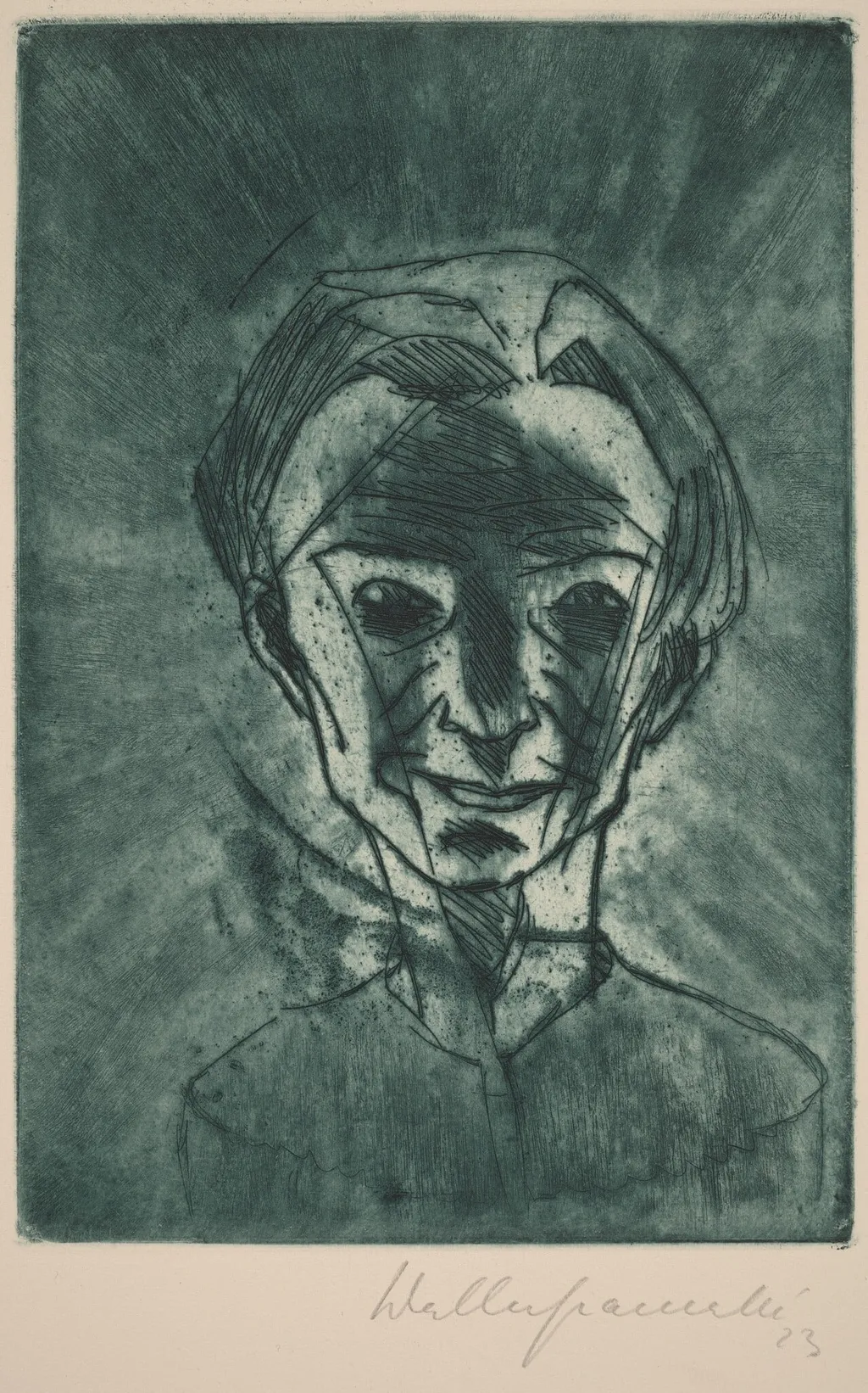 Smiling Head, Self-portrait (Lächelnder Kopf, Selbstporträt), by Walter Gramatté, ink, 1923