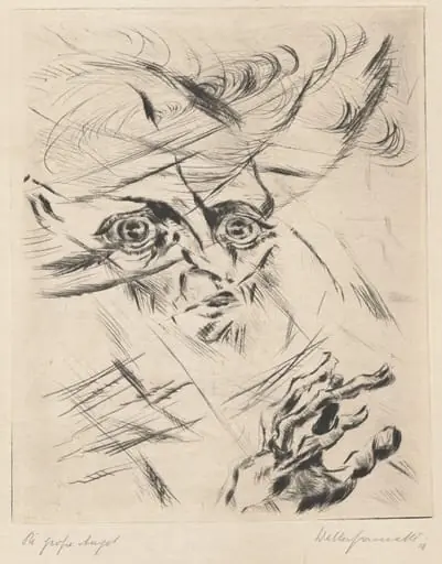 The Great Anxiety (Self-Portrait, in Three-Quarter Profile to the Right) (Die große  Angst [Selbstportrat, Kopf im Halbprofil nach rechts]), by Walter Gramatté