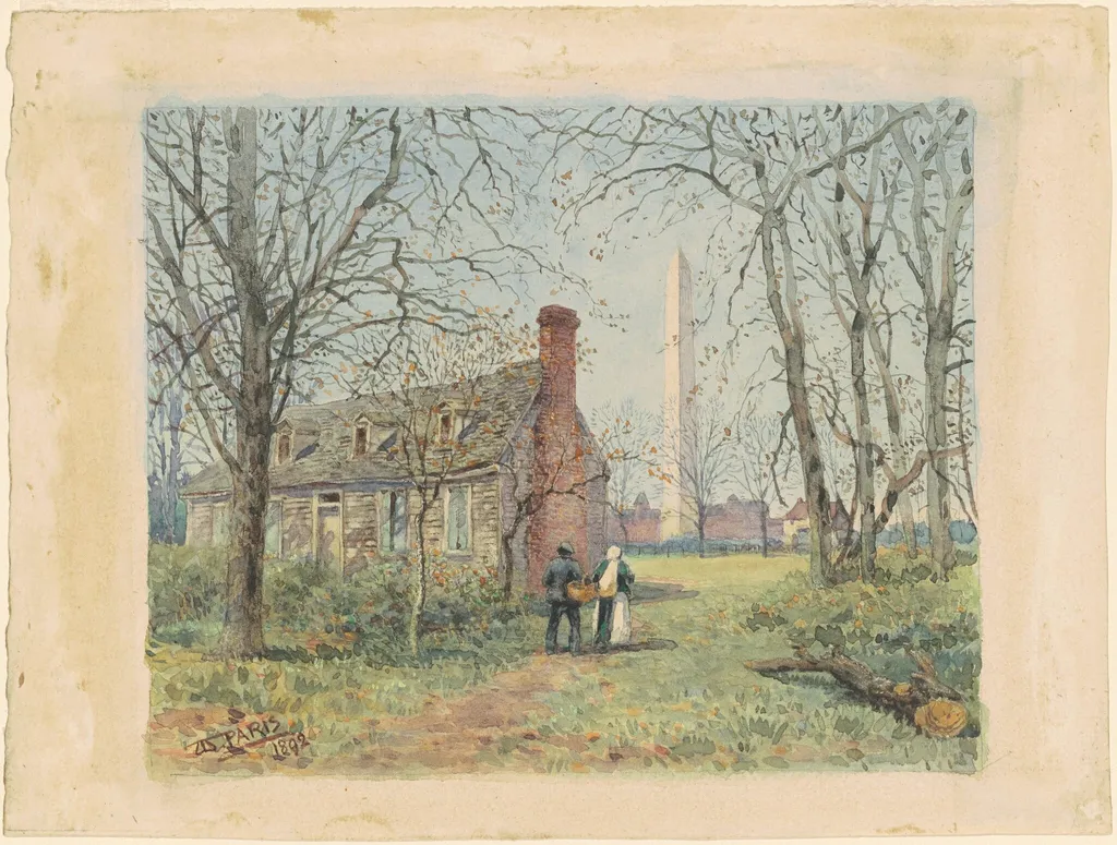 David Burns's Cottage and the Washington Monument, by Walter Paris, graphite, 1892