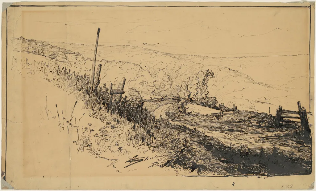 A Road in the Hills Near Dordrecht, by Walter Shirlaw, ink, 1874