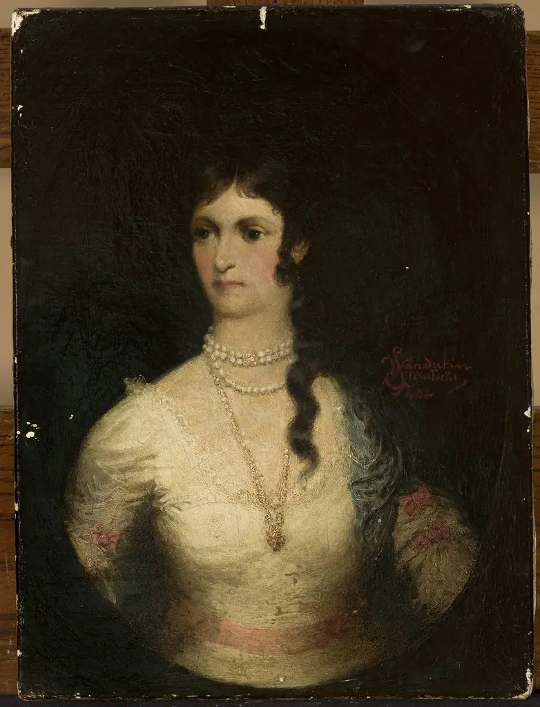 Portrait of a woman in a white dress, by Wandalin Strzałecki