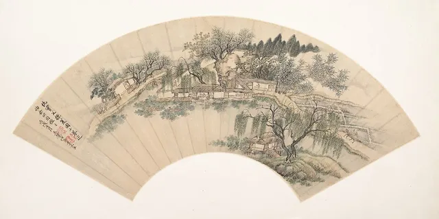 清   佚名   倣王翬   倣仇實父採菱圖   扇|Gathering Water Chestnuts