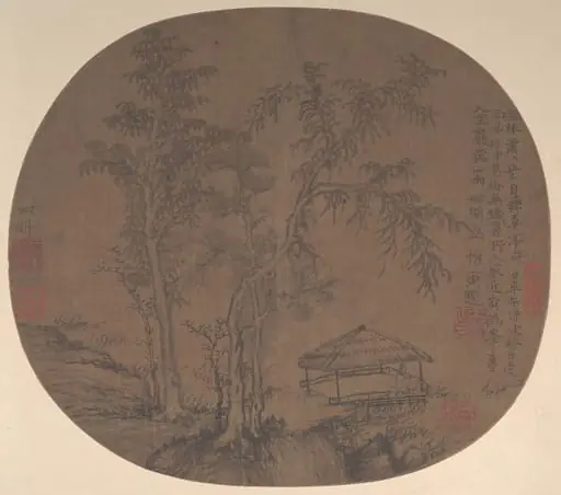 元    王蒙     蕭林寂亭圖    團扇|Sparse trees and pavilion, by Wang Meng