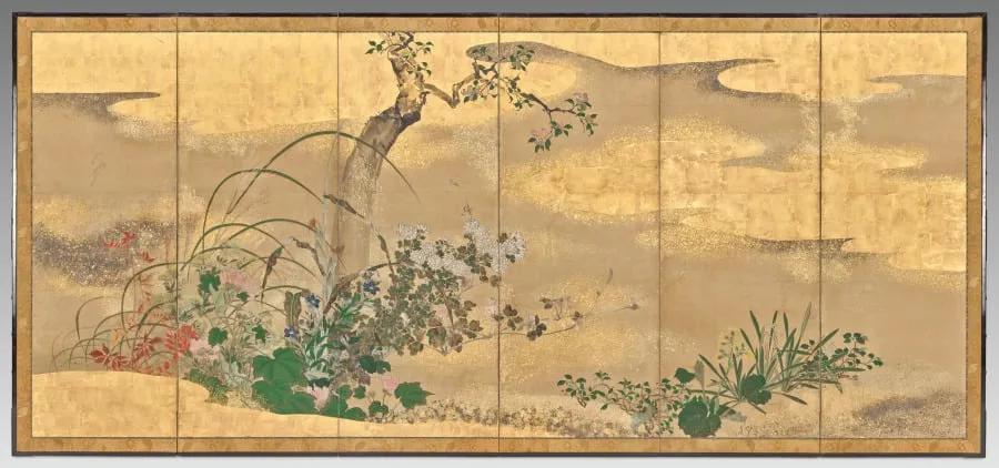 Flowers and Trees of the Four Seasons (left screen), by Watanabe Shikō, unspecified, 1704
