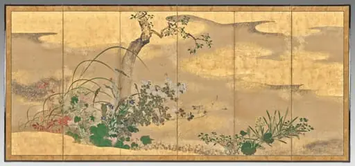 Flowers and Trees of the Four Seasons (left screen), by Watanabe Shikō