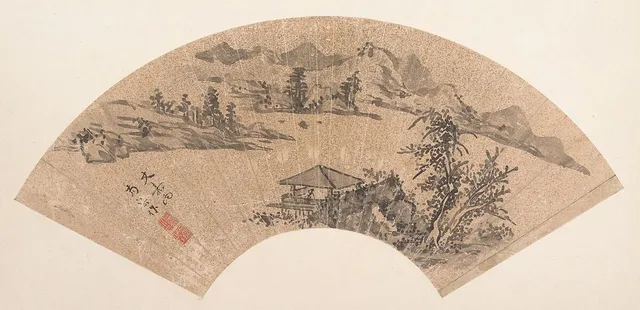 清   佚名   倣文徵明   書法   扇|Pavilion by Lake Shore