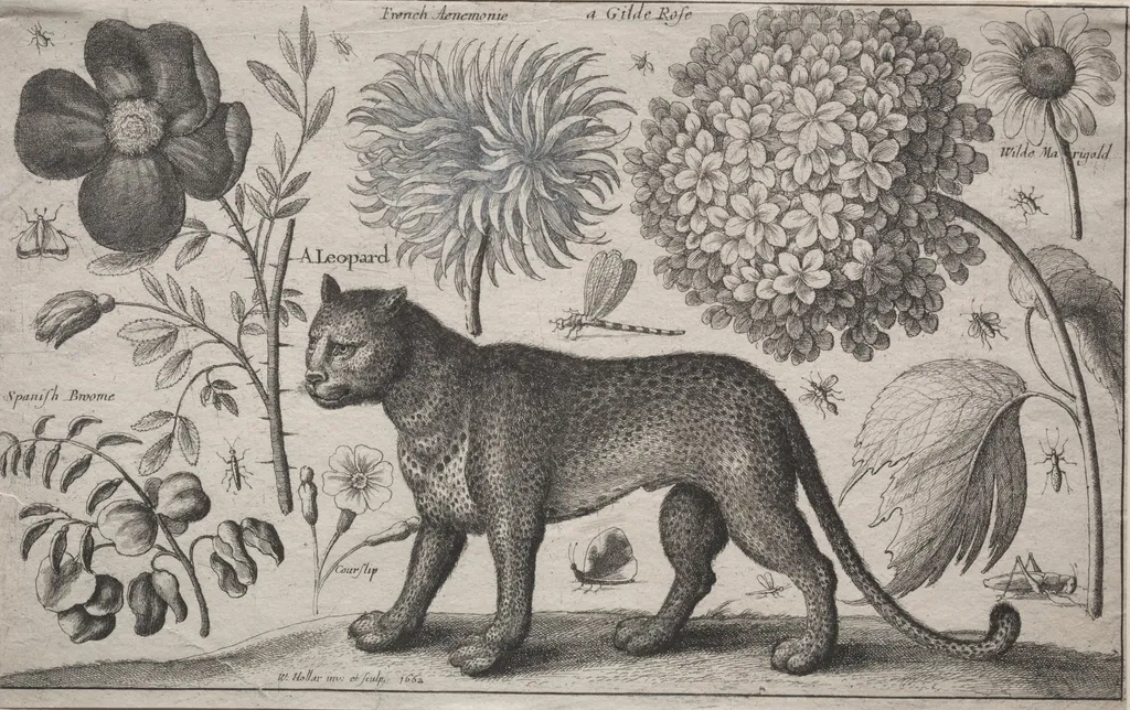 Animals and Plants: Leopard with Plants and Insects, by Wenceslaus Hollar, 1662