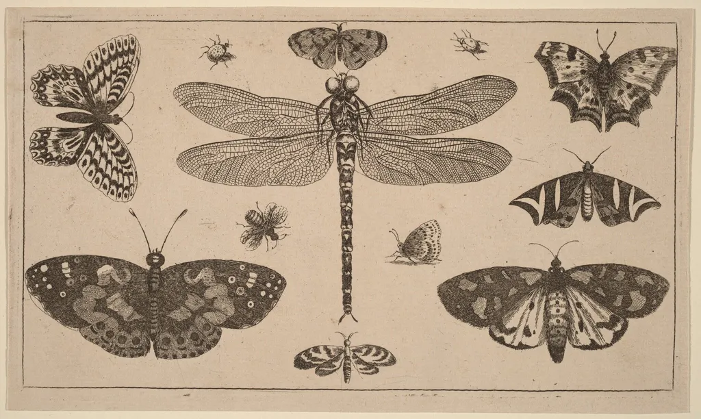 Dragonfly, Ladybirds, and Butterflies, by Wenceslaus Hollar, ink, 1648