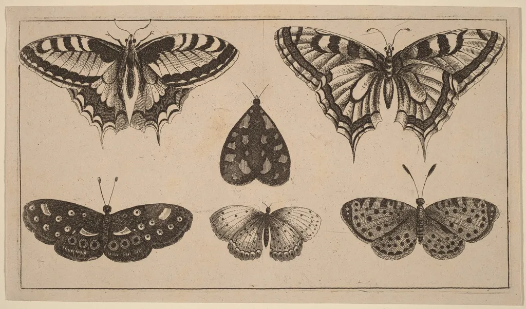 Five Butterflies and a Moth, by Wenceslaus Hollar, ink, 1648