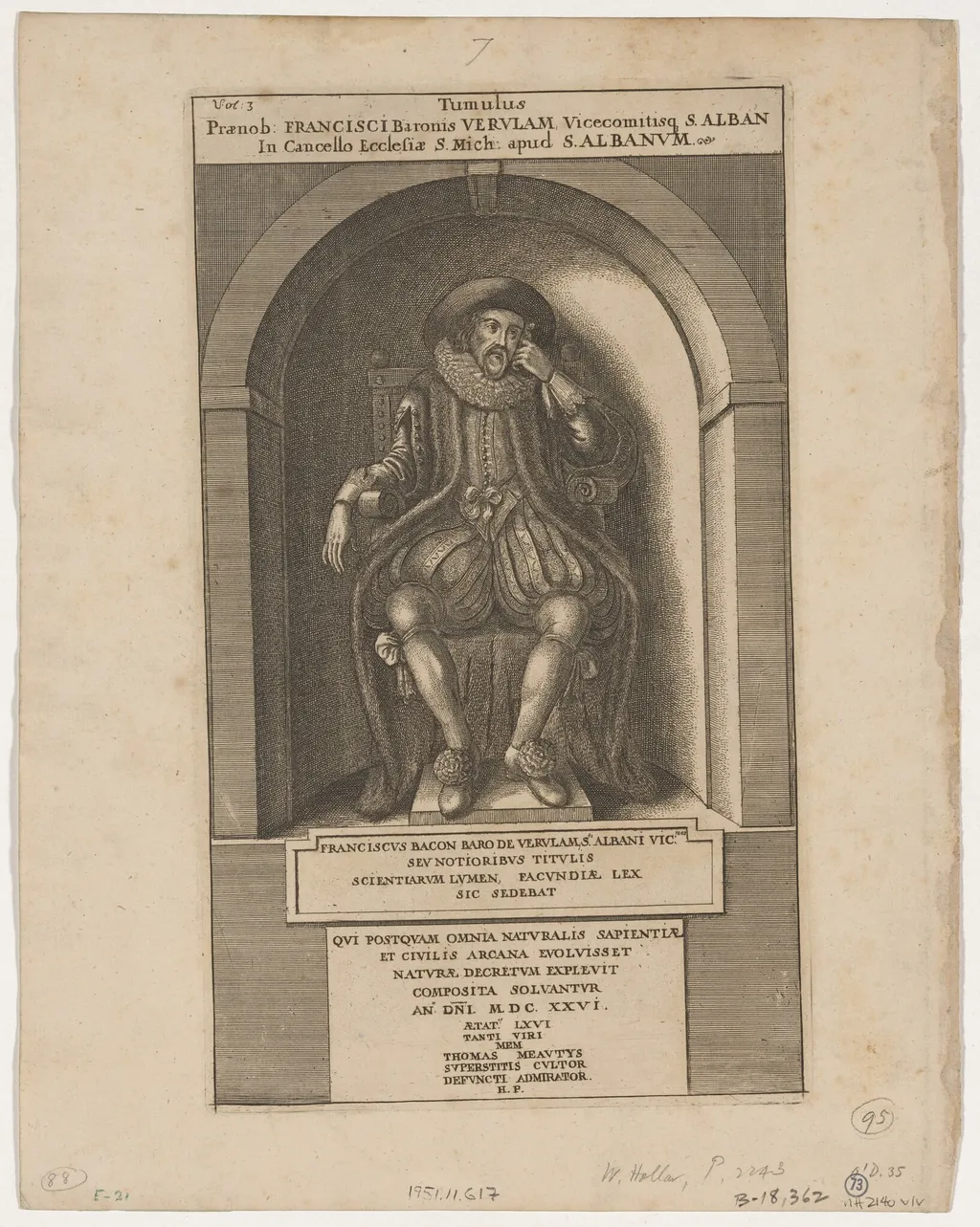 Francis Bacon in a Niche, by Wenceslaus Hollar, ink, 1642